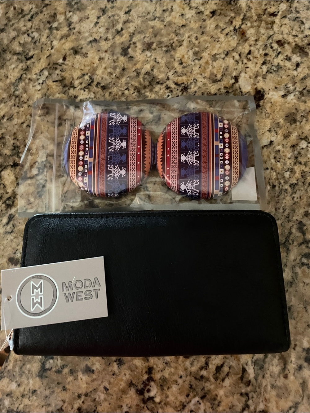 Black Zip-Around Wallet with Patterned Compact Mirrors